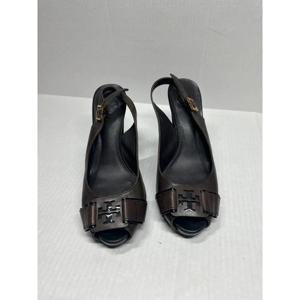 Tory Burch High Heel Dress Sandal Peep‎ Toe Slingback Brown Pump Heel Size 8